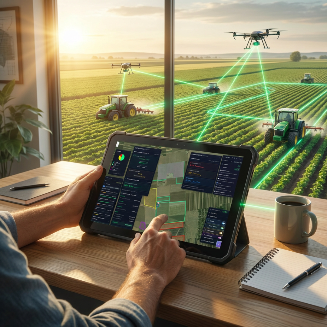 Eyesotope farm management dashboard showing satellite NDVI imagery, crop health monitoring, and field analytics